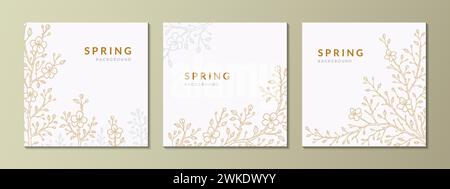 Set of spring social media square post templates. Japanese sakura cherry blossom. Gold and silver branches. Botany background. Hand drawn sketch vecto Stock Vector