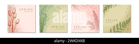 Spring floral watercolor abstract background set. Social media square post template. Spring flower design, greeting card, label, flyer, leaflet Stock Vector