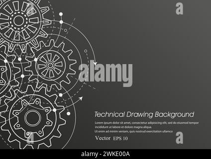 Technical drawing of gears on a black background.Engineering Technology Project. Industrial mechanics Vector illustration. Stock Vector