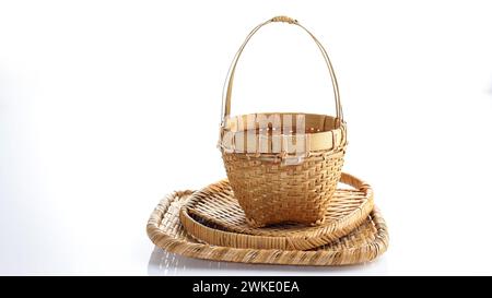Bamboo Rattan Basket and Plate Wicker Isolated on White Stock Photo