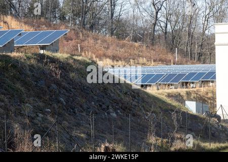 Several solar panels in Kiry2024as Pupa, an enclave of Hasidic Jews, mostly rabbinical students. In Ossining, Westchester, New York. Stock Photo