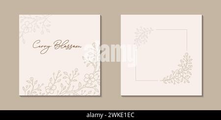 Two sides certificate, greeting card, invitation. Floral social media post template set. Sakura blossom golden pastel background. Flower elegant moder Stock Vector