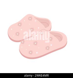 Pink plush house slippers. Cozy indoor slippers, soft flip flops, fluffy footwear cartoon vector illustration Stock Vector