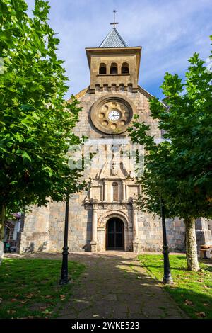 Burguete, church facade of San Nicolás de Bari, Santiago's road, Navarra, Spain. Stock Photo