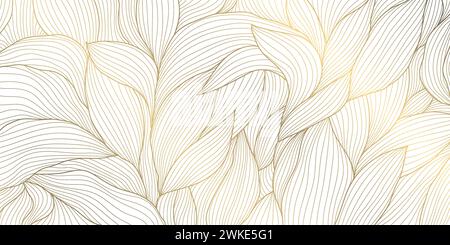 Vector gold leaves on white texture, luxury abstract plant background, line drawn foliage. Vintage elegant nature illustration Stock Vector