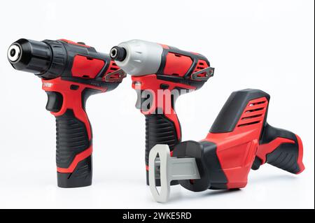 Collection of electrical worker tools isolated on white studio background Stock Photo
