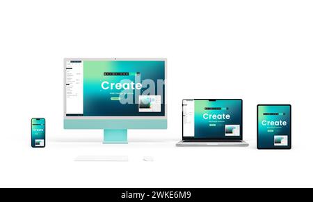 Computer, laptop, tablet, and phone displays showcase a responsive website creator interface with tools for web elements, modules, and color picking Stock Photo