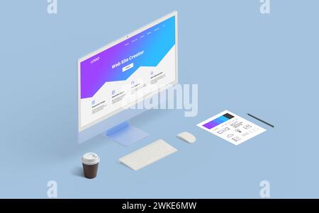 Isometric view of a modern computer displaying a web page creator interface, showcasing online tools for web page creation Stock Photo
