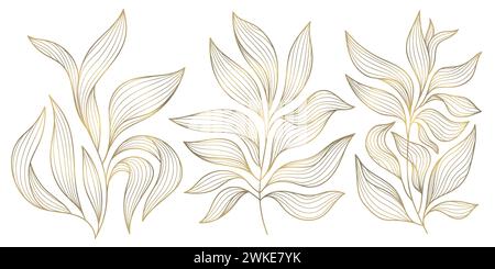 Vector gold leaves on white background isolated. Wavy drawn line branches, nature, plants luxury design elements. Stock Vector