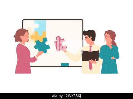 Creative team working on solutions. Business jigsaw, brainstorming ideas cartoon vector illustration Stock Vector
