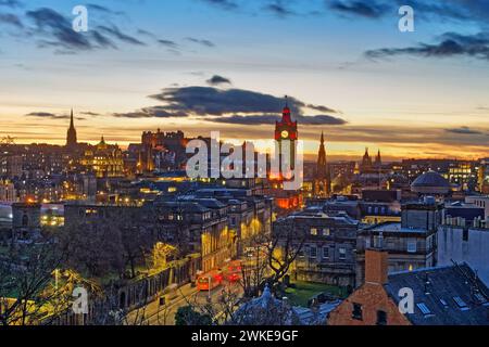 UK, Scotland, Edinburgh, Calton Hill and Edinburgh Skyline at Night Stock Photo