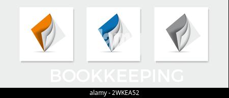 Set of vector sign bookkeeping. Documents and open papers in blue, orange and gray Stock Vector
