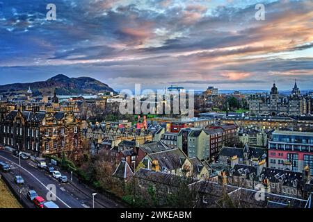 UK, Scotland, Edinburgh, View from Castle Esplanade looking towards Arthur's Seat. Stock Photo
