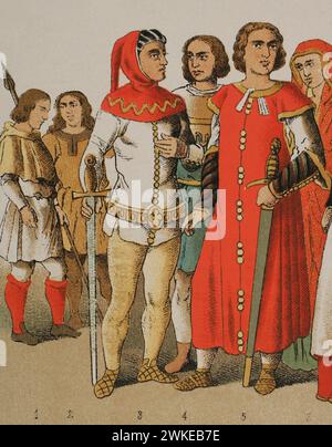 History of Spain. 1300. From left to right, 1-2: hunters, 3-4-5 ...