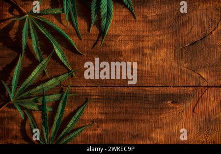 Hemp leaves on a wooden background Stock Photo