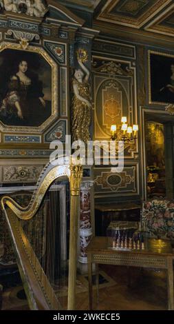 the inside of Cheverny castle with paintings, chandelier and harp Stock Photo