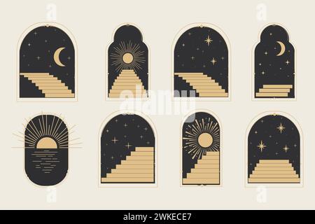 Set arch window line frame celestial, mystic with staircase, astrology symbols moon and sun, line border, minimal tattoo isolated. Esoteric spiritual icon. Vector illustration Stock Vector