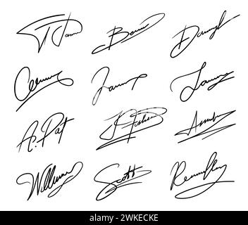 Autograph or business signature pack set. Isolated vector handwritten signatures of fake persons. Name and surname scribbles for personal document, business contract, certificate or agreement Stock Vector