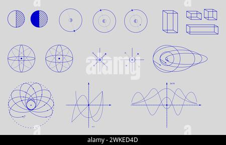 Set of various mathematical and geometric diagrams, shapes in blue color on light background. Modern aesthetics, minimalist art. Stock Vector