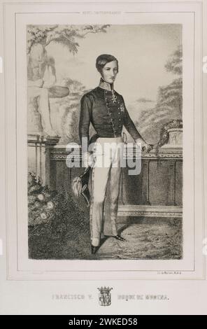 Francis V (1819-1875). Duke of Modena and Reggio (1846-1859). Portrait. Drawing by Valdivieso. Lithography by Martinez. 'Reyes Contemporáneos' (Contemporary Kings). Volume II. Published in Madrid, 1852. Stock Photo