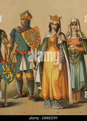 History of Germany. 1300-1350. From left to right, 12: Louis IV the Bavarian (1282-1347), 13: queen, 14: dame. Chromolithography. 'Historia Universal', by César Cantú. Volume VI, 1885. Stock Photo