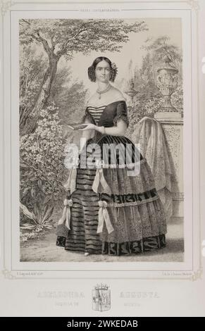 Adelgunde of Bavaria (1823-1914). Duchess consort of Modena and Reggio (1846-1859) by her marriage to Francesco V (1819-1875), Duke of Modena and Reggio. Portrait. Drawing by C. Legrand. Lithography by J. Donón. 'Reyes Contemporáneos' (Contemporary Kings). Volume II. Published in Madrid, 1852. Author: Julio Donón. Spanish artist active from 1840 to 1880. Luis Carlos Legrand (fl. 1829-1858). Spanish draughtsman and lithographer. Stock Photo