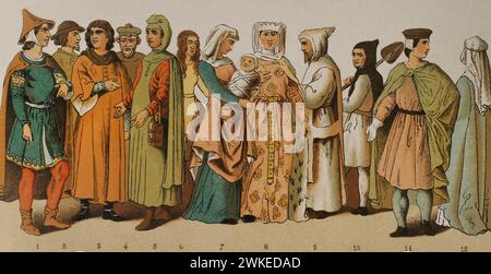 History of France. 1200. From left to right, 1-2-3-4-5-6-7: ordinary people dresses, 8: princess, 9: Carthusian, 10: Trappist friar, 11: nobleman, 12: noblewoman. Chromolithography. 'Historia Universal', by César Cantú. Volume VI, 1885. Stock Photo