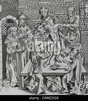Simon of Trent (1472-1475). Italian infant protagonist of a blood libel according to which he was said to have been killed in a Jewish ritual. The Martyrdom of Simon of Trent. Engraving after 'Liber Chronicarum Mundi', with drawings by Pierre Wolgmuth. Nuremberg, 1493. 'Moeurs, usages et costumes au moyen-âge et à l'époque de la Renaissance', by Paul Lacroix. Paris, 1878. Stock Photo