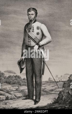 Leopold II (1797-1870). Grand Duke of Tuscany (1824-1859). Portrait. Drawing by M. Iglesias. Lithography by J. Donón. 'Reyes Contemporáneos' (Contemporary Kings). Volume II. Published in Madrid, 1852. Author: Julio Donón. Spanish artist active from 1840 to 1880. Manuel Iglesias y Domínguez. 19th-century Spanish painter. Stock Photo