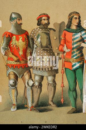 History of Germany. 1350-1400. From left to right, 9-10: knights in battle dress, 11: nobleman. Chromolithography. Detail. 'Historia Universal', by César Cantú. Volume VI, 1885. Stock Photo