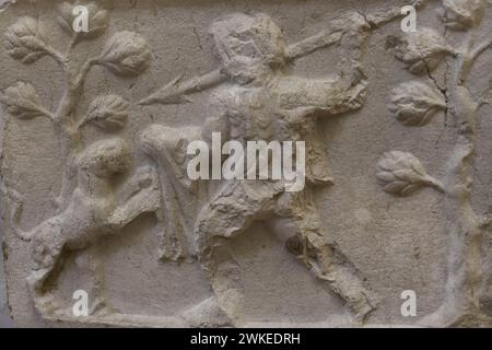 Man fighting a panther. Detail of the relief on a plate. First half of the 2nd century AD. From Stara Zagora (Augusta Traiana), Bulgaria. National Archaeological Museum. Sofia. Bulgaria. Stock Photo