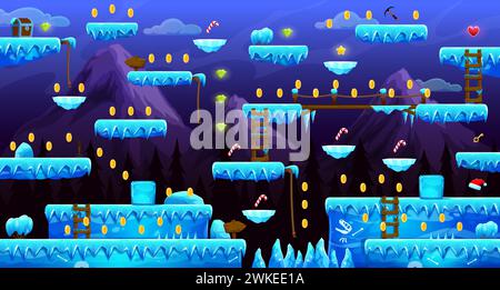 Arcade north pole world game level map interface. Sweets and gems, glaciers, ice platforms and stairs, coins, stars and heart on vector background with cartoon mountains. 2d video and computer game UI Stock Vector