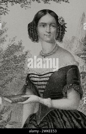 Adelgunde of Bavaria (1823-1914). Duchess consort of Modena and Reggio (1846-1859) by her marriage to Francesco V (1819-1875), Duke of Modena and Reggio. Portrait. Drawing by C. Legrand. Lithography by J. Donón. Detail. 'Reyes Contemporáneos' (Contemporary Kings). Volume II. Published in Madrid, 1852. Author: Julio Donón. Spanish artist active from 1840 to 1880. Luis Carlos Legrand (fl. 1829-1858). Spanish draughtsman and lithographer. Stock Photo