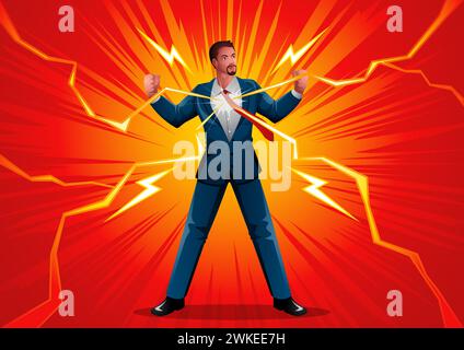Illustration where a businessman is energized and empowered by a lightning bolt. Metaphor for ambition, innovation, and the spark of inspiration Stock Vector