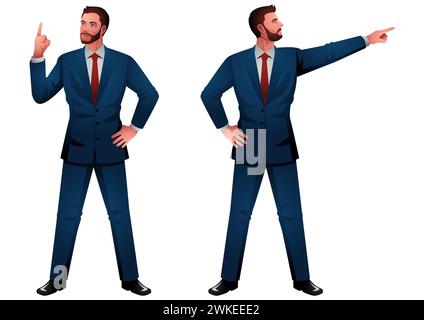 Well dressed businessman standing proudly with hands pointing upwards. A symbolic gesture of confidence, ambition, leadership, aspiration, and success Stock Vector