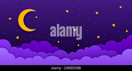Night sky paper cut with crescent moon and stars. Serene 3d vector background unfolds, the moon casting its gentle glow upon a canvas of stars. Wisps of clouds dance, weaving tales in the cosmic space Stock Vector