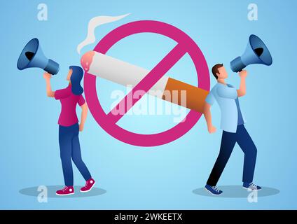 Amplify health awareness, a man and a woman with megaphones in hand, voicing a campaign to stop smoking, addressing tobacco control, public health ini Stock Vector