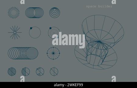Diagrams and wireframe of celestial bodies and orbits in dark blue on a gray background. Space and astronomy education. Modern aesthetics, minimalist Stock Vector
