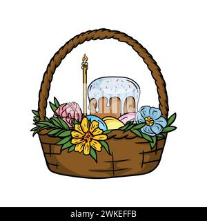Bright image of a basket with Easter cakes, painted eggs, a church candle and flowers. Illustration for Easter Card Stock Vector