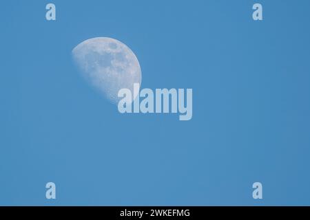 Moon in daylight with clear blue sky half moon on left thirds composition ideal background moon surface craters detail fades to sky lower left half Stock Photo