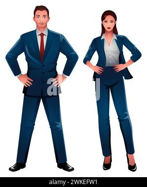 Well dressed businessman and businesswoman standing proudly with hands on hips. Representation of authority, determination, strong business persona, p Stock Vector