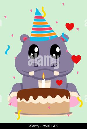Celebrate birthdays with this delightful flat vector illustration featuring an adorable cartoon hippopotamus wearing a birthday hat and sitting in fro Stock Vector