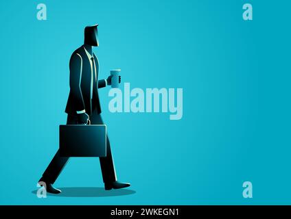 Businessman walking with confidence, carrying briefcase and coffee cup for a dynamic workday scene, vector illustration Stock Vector