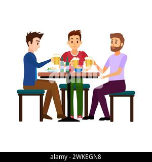 Men sitting at pub table, happy male friends drinking beer from mugs vector illustration Stock Vector