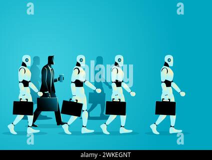 Human businessman amidst a crowd of robots, carrying a briefcase and coffee cup. Symbolizes the coexistence of human ingenuity and technology Stock Vector