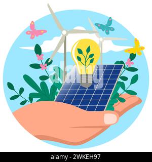 Hand holding renewable energy icons adorned with natures beauty. A harmonious blend of sustainability and innovation, ideal for projects promoting eco Stock Vector