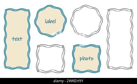 Frames outline, blue marine coloured background set. Hand drawn decorative ink doodle paint brush strokes, black wavy line borders collection. Circle Stock Vector