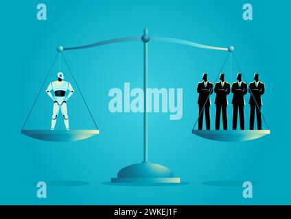 Robot symbolizes AI equal to group of businessmen, portraying potential for corporate revolution. Evokes discourse on automation's impact, and the Int Stock Vector