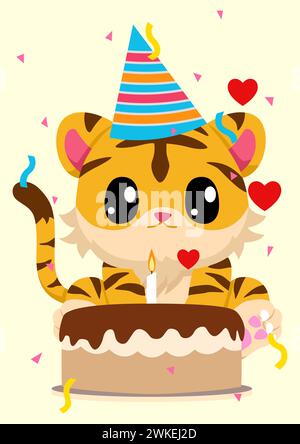 Celebrate birthdays with this delightful flat vector illustration featuring an adorable cartoon tiger wearing a birthday hat and sitting in front to a Stock Vector
