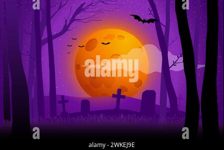 Purple cartoon background of a cemetery in the depths of a dark and mysterious woods. This atmospheric image is perfect for Halloween-themed content, Stock Vector